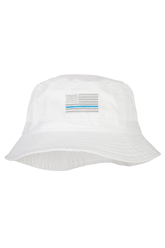 Thin Blue Line USA Flag Embroidered Bucket Hat - White OSFM