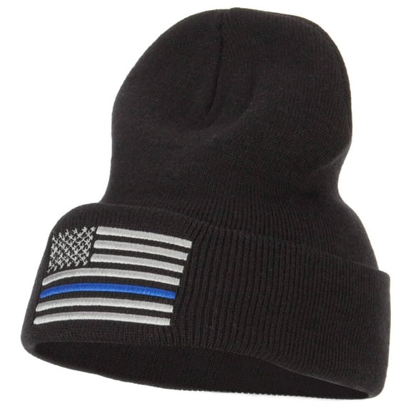 Thin Blue Line USA Flag Embroidered Long Beanie - Black OSFM