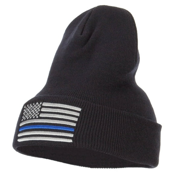 Thin Blue Line USA Flag Embroidered Long Beanie - Navy OSFM