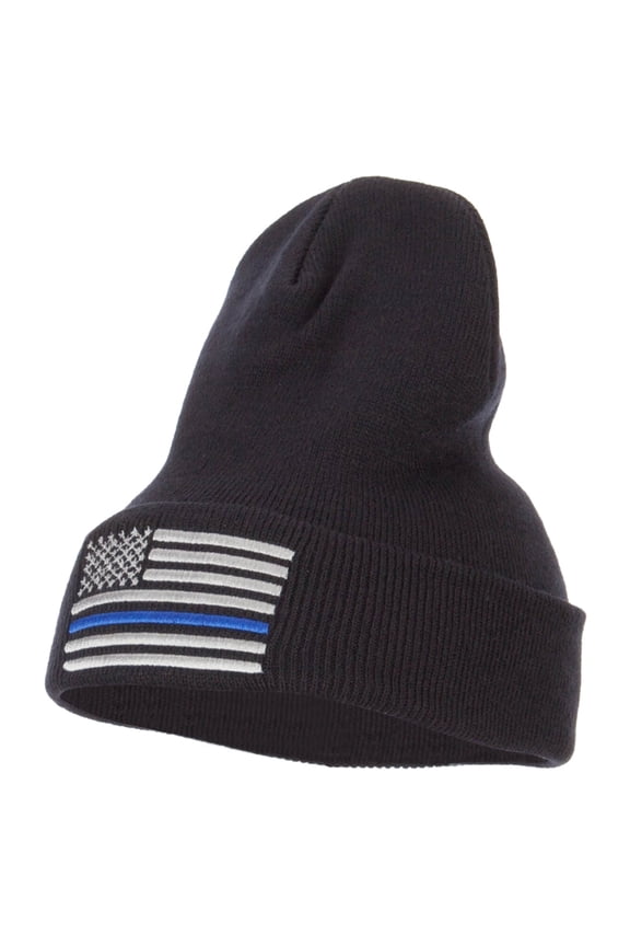 Thin Blue Line USA Flag Embroidered Long Beanie - Navy OSFM