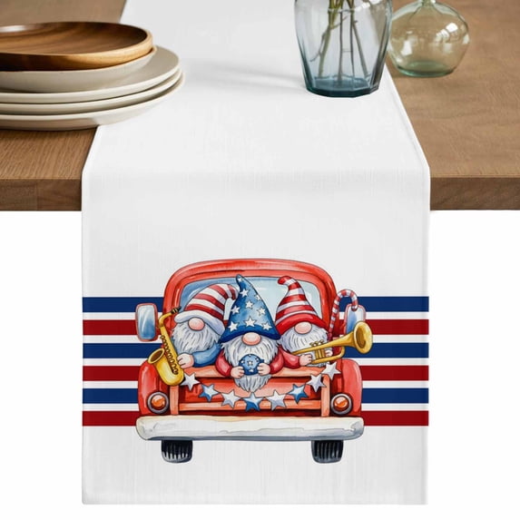 Thin Blue Red Striped Table Runner 72 Inches, Patriotic Gnomes 4th of July Truck Bed Runner Dresser Scarves Tabletop for Indoor Outdoor Parties/Ceremony/Banquet, 16" x 72"