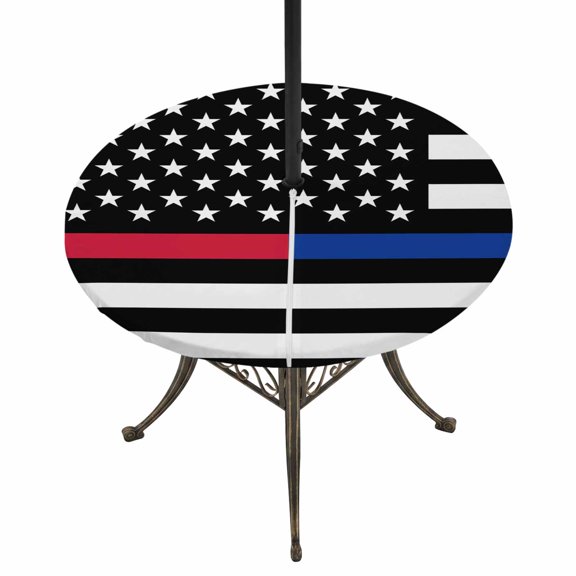 Thin Blue Round Outdoor Tablecloth with Umbrella Hole, Line Thin Red Line Flag Police and Fire Officer Fitted Table Cloth with Zipper Waterproof Patio Table Covers for Picnic, Fits 45"-54"