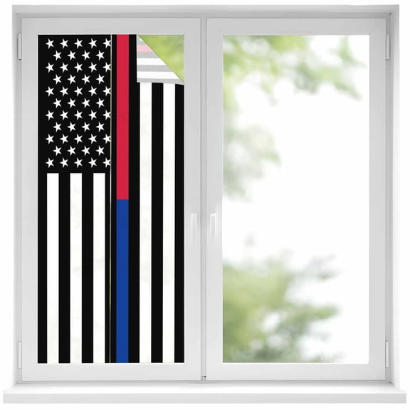 Thin Blue Window Privacy Film Line Thin Red Line Flag Police and Fire Officer Decorative Glass Window Film UV Blocking Static Cling Non-Adhesive Sticker Covering for Home Door 19.6 x 39.3 inches