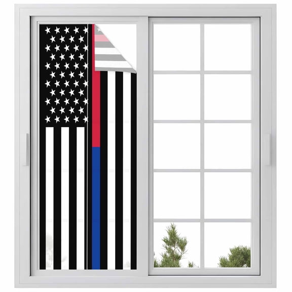 Thin Blue Window Privacy Film Line Thin Red Line Flag Police and Fire Officer Decorative Glass Window Film UV Blocking Static Cling Non-Adhesive Sticker Covering for Home Door 23.6 x 59 inches