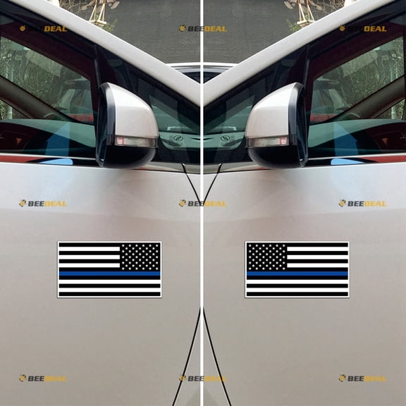 Thin Blue line American USA Flag Car Magnet Black White Magnetic Sticker Decal - Pair Mirrored Reversed Glossy 4" - for Truck Door Fridge Reusable Waterproof