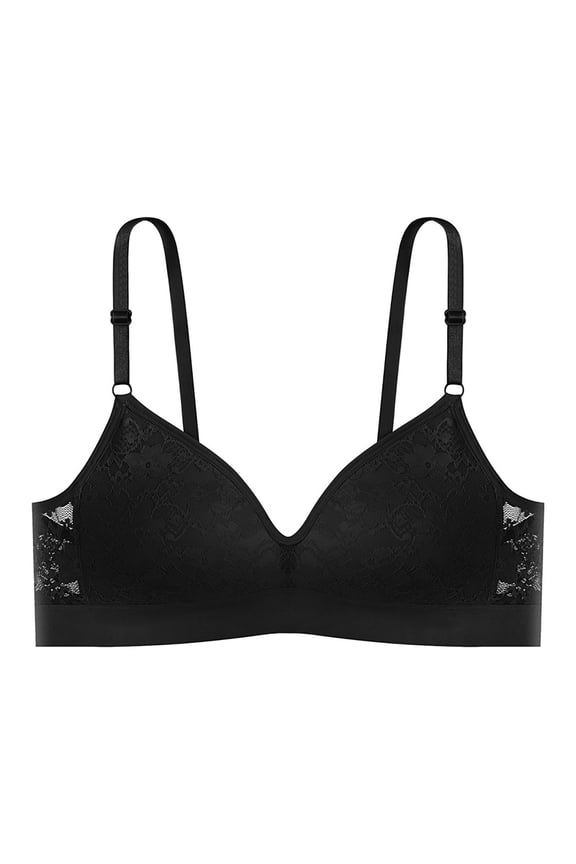 Thin Breathable Back Suspender Inner Build Fixed Cup No Underwire Lace Bra Gather Wrap Chest, Black