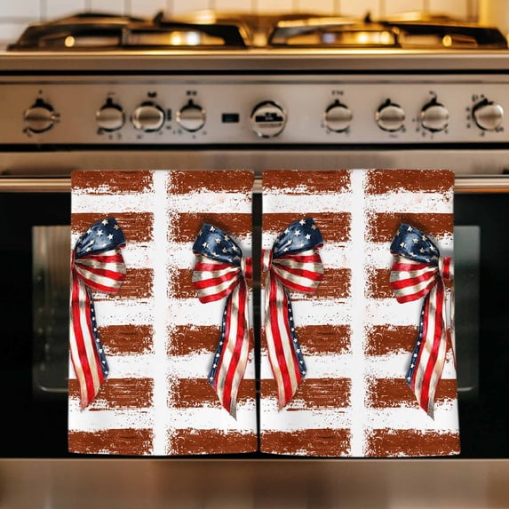 Thin Brown Lines Kitchen Towels Set of 3, Patriotic Bow Vintage Distressed Striped Absorbent Dish Towels for Kitchen, Microfiber Hand Towel, Quick Drying Tea Towel for Cleaning Decorative Dishcloths