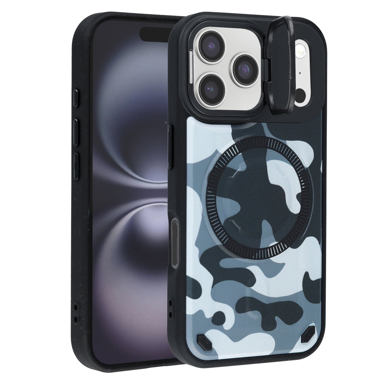 Thin Camouflage MagSafe Case with Built-In Camera Kickstand for iPhone 17 Pro Max - Blue