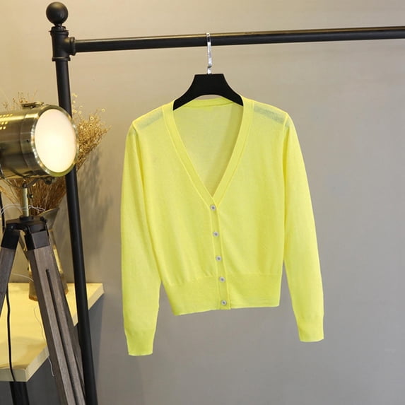 Thin Cardigan Women's Cropped V Neck Button Cardigan Lightweight Thin Long Sleeve Knitwear for Casual Layering Yellow M