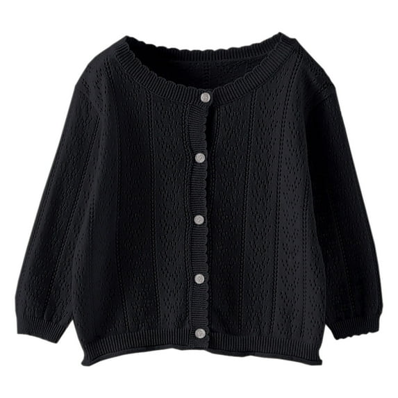 Thin Cardigan for Girls, Hollow out Knit Open Front Cardigans, Long Sleeve Solid Color Knitwear Button Coats Black 1Y