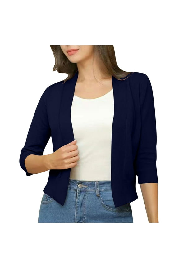 Thin Cardigans for Women Lightweight New Women's Cropped Cardigan 3/4 Sleeve Open Front Basic Knitted Sweater Soft Lightweight Knitted Tops Dark Blue L