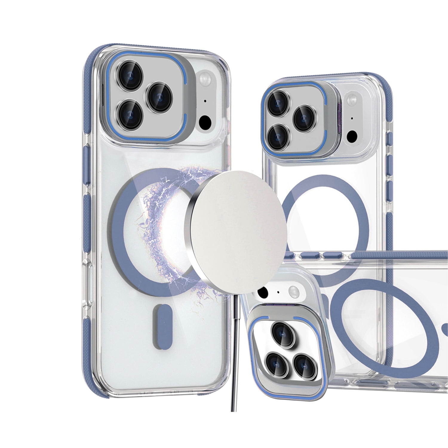 Thin Clear Magnetic Case with Camera Ring Stand for iPhone 17 Pro Max - Blue