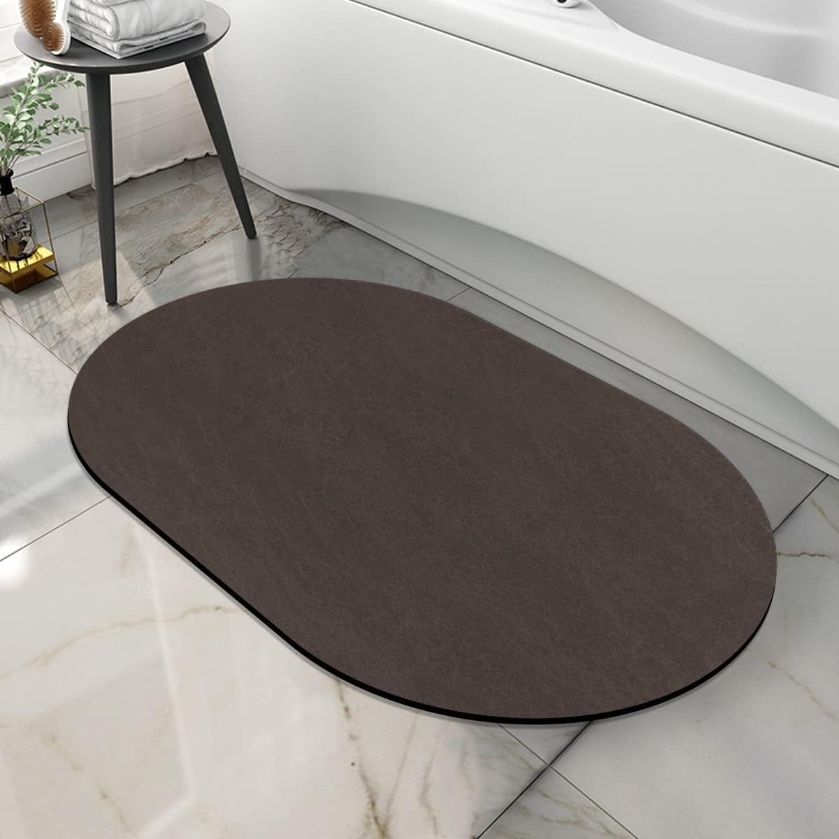 Thin Diatomaceous Earth Bath Mat,Non Slip Quick Dry Bath Mats for Bathroom,Super Absorbent Stone Bath Mat-Washable Shower Mat Bathroom Floor Mat (Brown Oval,15.4"x23.6")