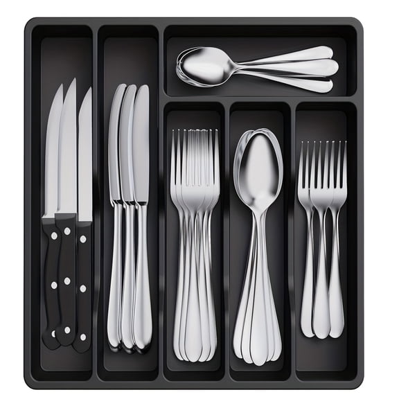 Thin Drawer Organizer Box, Multi-Slot Partitioned Cutlery Tray Divider, Large Capacity Kitchen Utensil Storage Box with Spoon Fork Knife Holder, Plastic Silverware Drawer Storage Tray