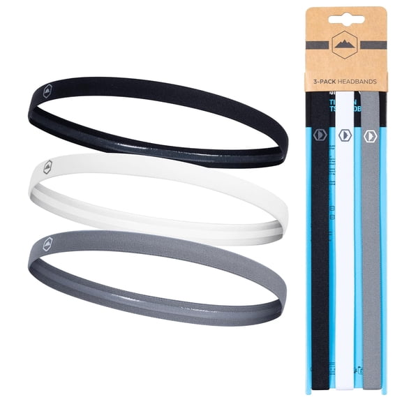 Thin Elastic, Sports for Women & Men, Workout, Running, Soccer and Mens Headband - 3-Pack | Black, Gray White