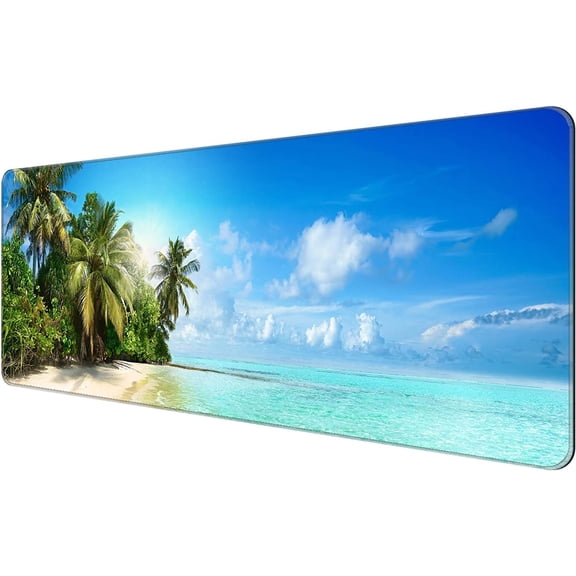 Thin Extended Gaming Mouse Pad （31.5 * 11.8 * 0.08 inch） with Stitched Edges Large Mousepad Long XXL Keyboard and Mouse pad Desk Mat for Gaming Office & Home - Beach Sea Tropical Trees