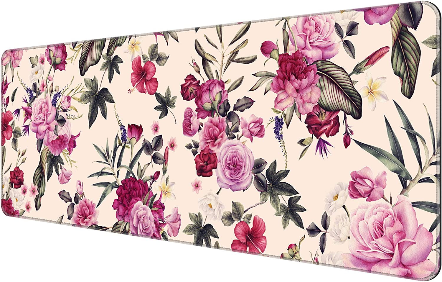 Thin Extended Gaming Mouse Pad （31.5 * 11.8 * 0.08 inch） with Stitched Edges Large Mousepad Long XXL Keyboard and Mouse pad Desk Mat for Gaming Office & Home - Vintage Pink Flowers