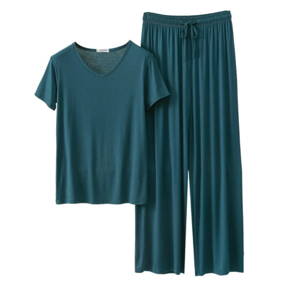 Thin Fabric Pajama Set For Women Loose Sleepwear Breathable Short Sleeve Pullover Top With Loose Lounging Wide Leg Pants