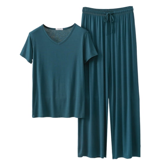 Thin Fabric Pajama Set For Women Loose Sleepwear Breathable Short Sleeve Pullover Top With Loose Lounging Wide Leg Pants