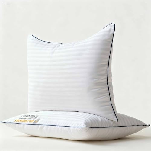 Thin Flat Bed Pillows King Size Set of 2 Pack for Sleeping, Squishy Fluffy Pillow for Stomach Back Sleeper, Hypoallergenic Machine Washable White Striped 20x36 inches