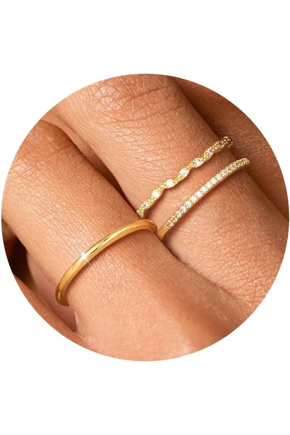 Thin Gold Rings for Women: 3PCS Stackable 14K Gold Plated Dainty Rings Set Non Tarnish Thumb Wedding Bands CZ Rings for Women Trendy Statement Gold Jewelry Size 6 7 8 9 10