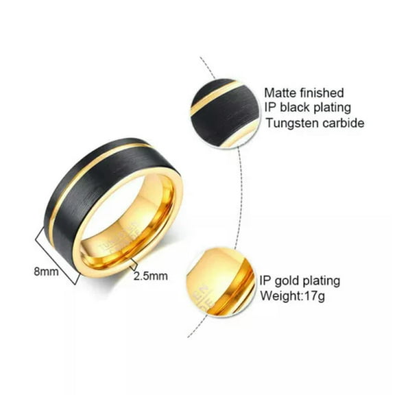 Thin Gold-color Line Ring Men's Jewelry 8MM Black Tungsten Carbide Ring Sz 8-12