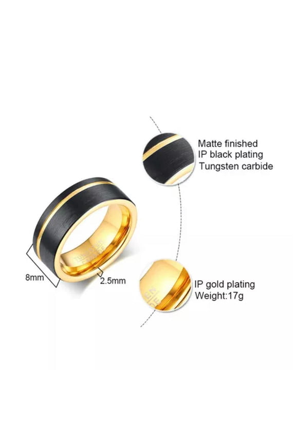 Thin Gold-color Line Ring Men's Jewelry 8MM Black Tungsten Carbide Ring Sz 8-12