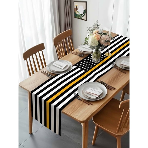 Thin Golden Line Flag Table Runner 13x70in Non-Slip Cotton Linen Table Runners, American Star Stripe Dresser Scarves TableRunner for Dinner Kitchen Dining Wedding Party