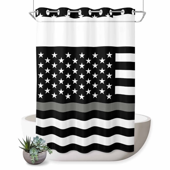 Thin Gray No Hook Shower Curtain Line Law Enforcement Correctional Corrections Guards Officers Shower Curtain with See Through Top Window, Waterproof Washable Fabric Curtain for Bathroom, 72Wx84L