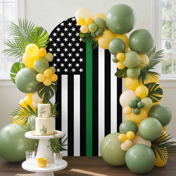 Thin Green Arch Backdrop Cover, 7.2FT, Line Flag Border Patrol, Park Ranger and Conservation Officer Spandex Arch Covers Double-Sided Backdrop for Wedding Birthday Party Photo Background Decoration