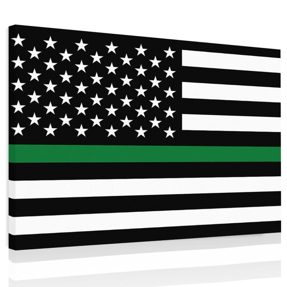 Thin Green Canvas Print Wall Art, Line Flag Border Patrol, Park Ranger and Conservation Officer Wall Decor Modern Artwork Paintings Pictures for Living Room Framed Ready to Hang, 24" x 32"