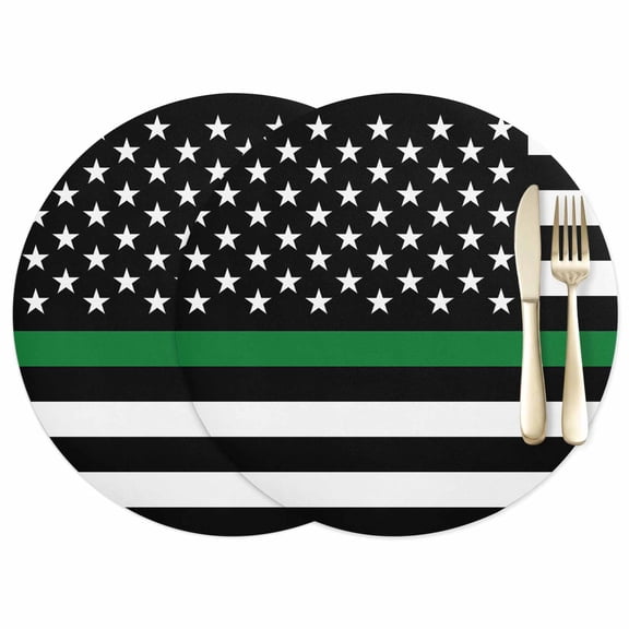 Thin Green Leather Placemats Set of 2, 15 Inch, Line Flag Border Patrol, Park Ranger and Conservation Officer Waterproof Oil-Proof Place Mats, Non-Slip Table Mats for Kitchen, Dining Room