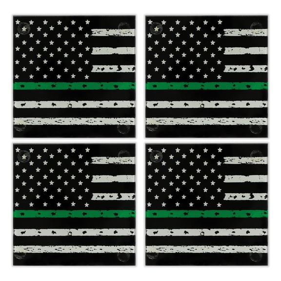 Thin Green Line 3.5" Square Glass Coasters by DCM Solutions (4 Count)