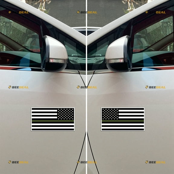 Thin Green Line Dark American Flag US Military Car Magnet Black White Magnetic Sticker Decal - Pair Mirrored Reversed Glossy 4" - for Truck Door Fridge Reusable Waterproof