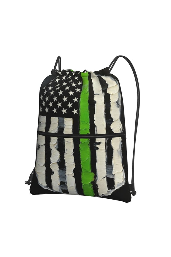 Thin Green Line Flag Art Drawstring Backpack Water Resistant String Bag Sports Sackpack Gym Sack For Men Women