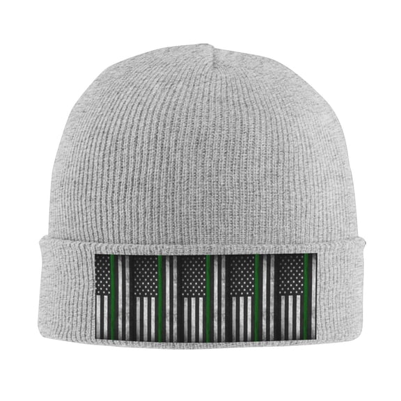 Thin Green Line Flag Winter Beanie Hats for Men Women Warm Cozy Knitted Cuffed Skull Cap Gray