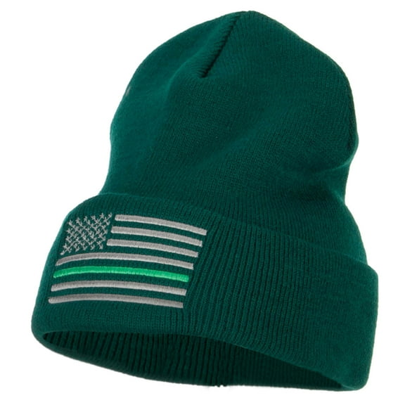 Thin Green Line USA Flag Embroidered Long Beanie - Dark Green OSFM