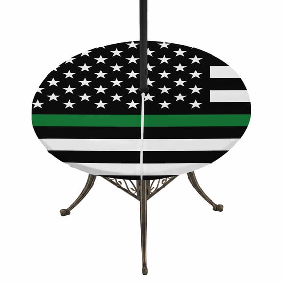 Thin Green Round Outdoor Tablecloth with Umbrella Hole, Line Flag Border Patrol, Park Ranger and Conservation Officer Fitted Table Cloth with Zipper Waterproof Patio Table Covers, Fits 45"-54"
