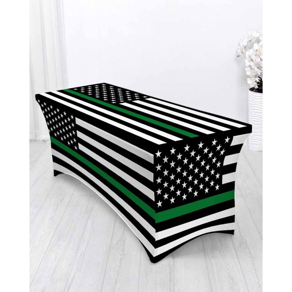 Thin Green Spandex Tablecloth 4ft Line Flag Border Patrol, Park Ranger and Conservation Officer Elastic Fitted Cloth for Rectangle Table Wrinkle Proof Stretch Table Cover for Wedding Party Banquet