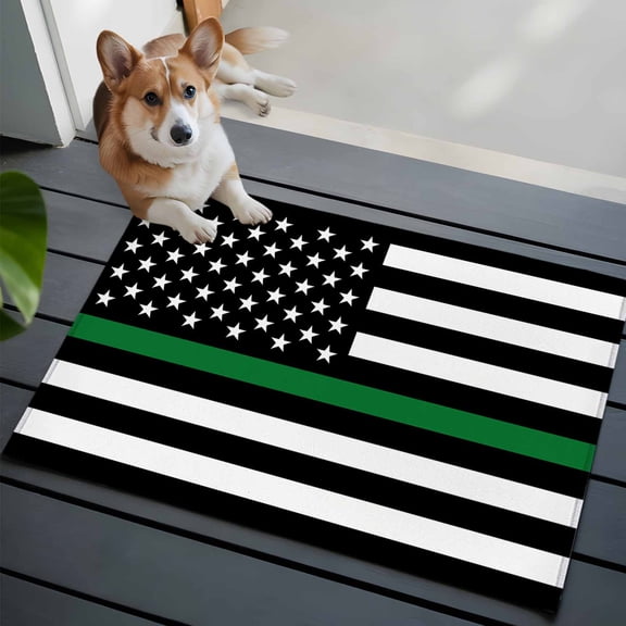 Thin Green Washable Area Rug 2x3 Line Flag Border Patrol, Park Ranger and Conservation Officer Low-Profile Area Rugs with Non Slip Backing Indoor Floor Carpet for Entrance Living Room Bedroom Office