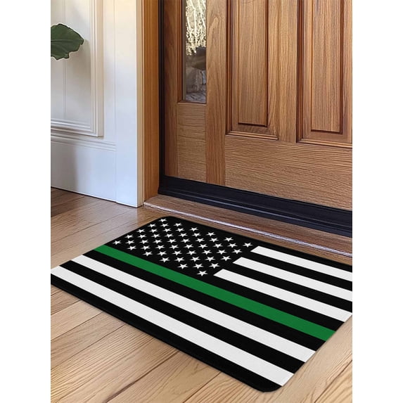 Thin Green White Line Door Mat Indoor Outdoor Entrance, Non Slip Rug for Kitchen Bathroom Entryway Rug, American Flag Star Washable Doormat Floor Mat for Office Home Decor 20x31.5 Inch