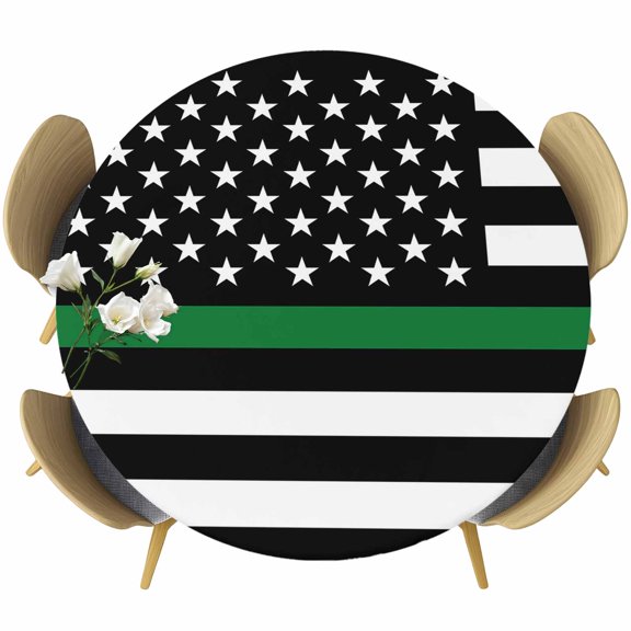 Thin Green White Line Fitted Tablecloth with Elastic Edged, Round Table Cloth for Dining Table, American Flag Star Waterproof Oil Proof Table Cover for Indoor Outdoor 36"-44"