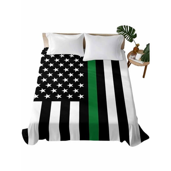 Thin Green White Line Flat Sheet Only Twin Size, Soft Breathable Bed Top Sheets for Mattress, American Flag Star Luxury Bedding Flat Sheets for Home Hotel Bedroom Bed Protection