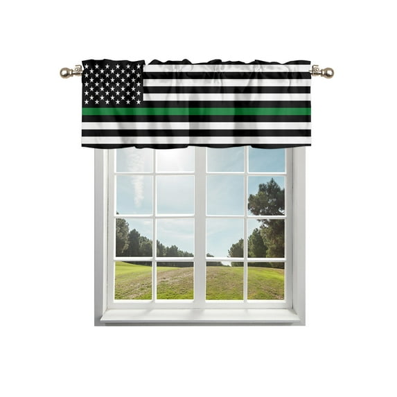 Thin Green White Line Kitchen Curtain Valances for Windows Farmhouse Short Curtains, American Flag Star Rod Pocket Valance Curtain for Bedroom Cafe Living Room 60"x18"