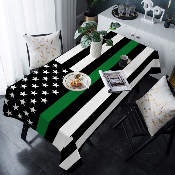 Thin Green White Line Tablecloth Rectangle Table Cloths 54x108 , Waterproof Tablecloth Outdoor Table Cloth, American Flag Star Washable Table Cover for Kitchen Dining Party