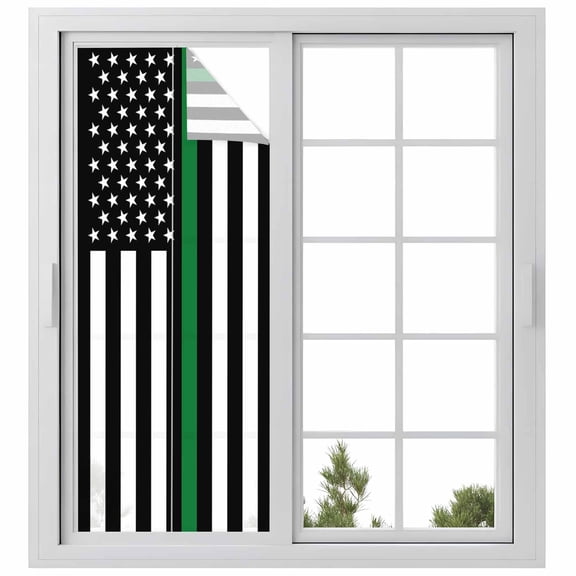 Thin Green White Line Window Privacy Film, American Flag Star Static Cling UV Sun Blocking Heat Control Window Tint Day and Night, Non-Adhesive Reusable One Way Windows Privacy Cover 23.6''x59''