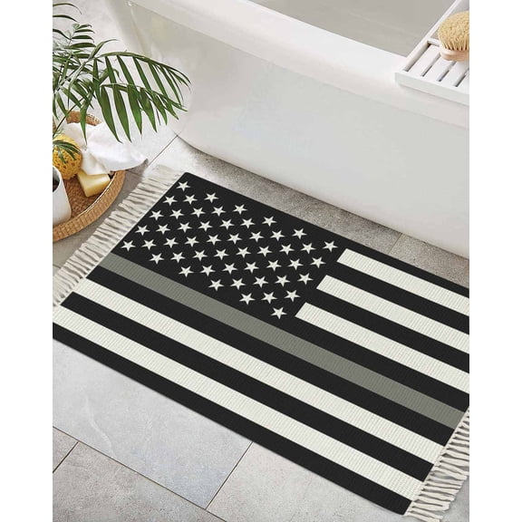 Thin Grey White Line Bath Rug 2x3ft Woven Bathroom Entryway Runner Rug, American Flag Star Washable Living Room Hallway Bedroom Kitchen Carpet with Tassels, Non-Shedding Indoor Outdoor Throw Doormat