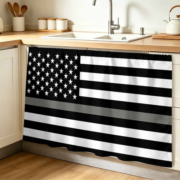 Thin Grey White Line Cabinet Curtains for Shelves, American Flag Star Privacy Curtain for Closet Self Adhesive, Dust-Proof Drapes for Closet Storage Room Classroom Doorway, 32"W x 55"L