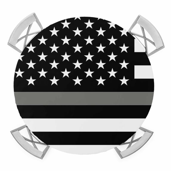 Thin Grey White Line Round Tablecloth for 45-54 Inch Tables, Fitted Table Cover with Elastic Edge, American Flag Star Waterproof Outdoor Table Cloth Protector for Patio Garden Dinner Picnic