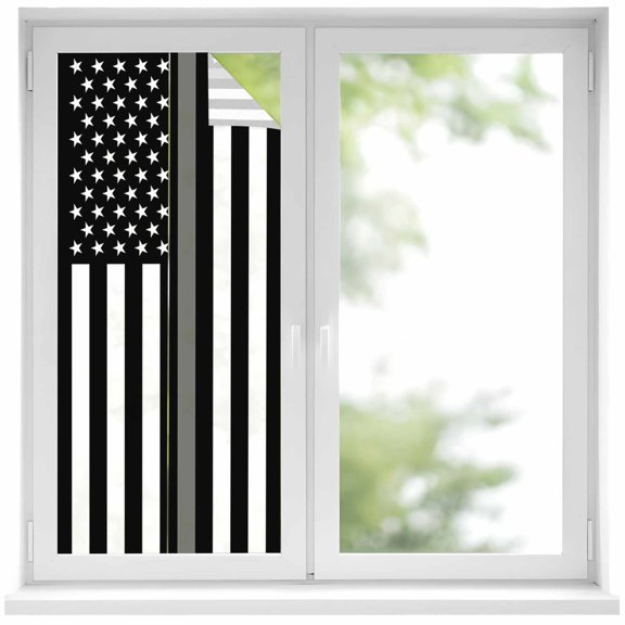 Thin Grey White Line Window Privacy Film, American Flag Star Static Cling UV Sun Blocking Heat Control Window Tint Day and Night, Non-Adhesive Reusable One Way Windows Privacy Cover 17.7''x39.3''